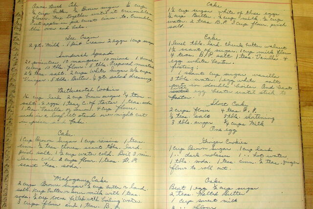 An old handwritten family recipe book open on a table